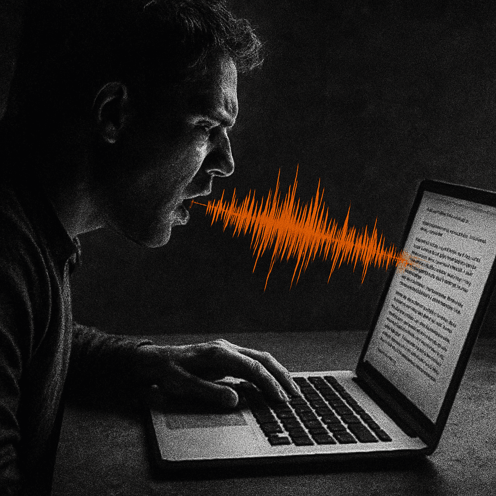 Personne dictant à la voix sur un MacBook, le texte apparaît à l'écran